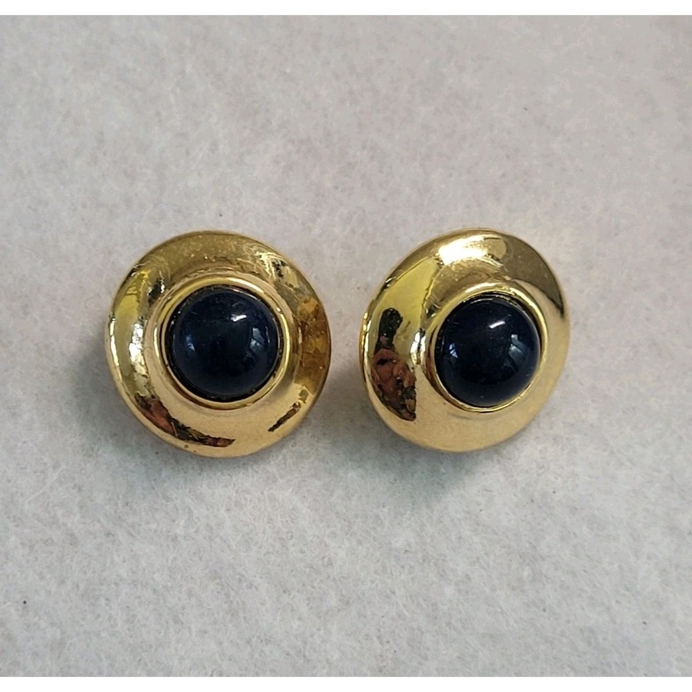Vintage 1980s Gold Tone Blue Cabochon Button Clip On Earrings Retro Minimalist